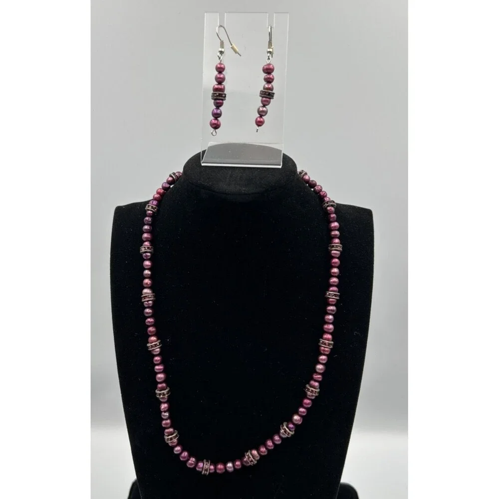 Vintage Handmade Purple Beaded Necklace and Earring Set
